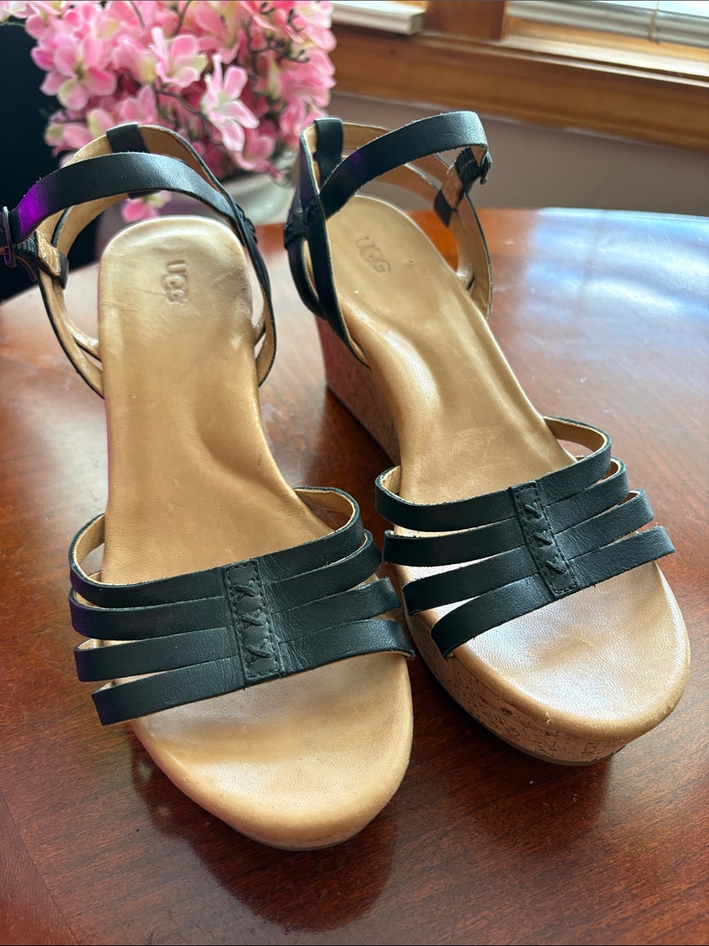 UGG Black Leather Strappy Cork Wedge Sandals
